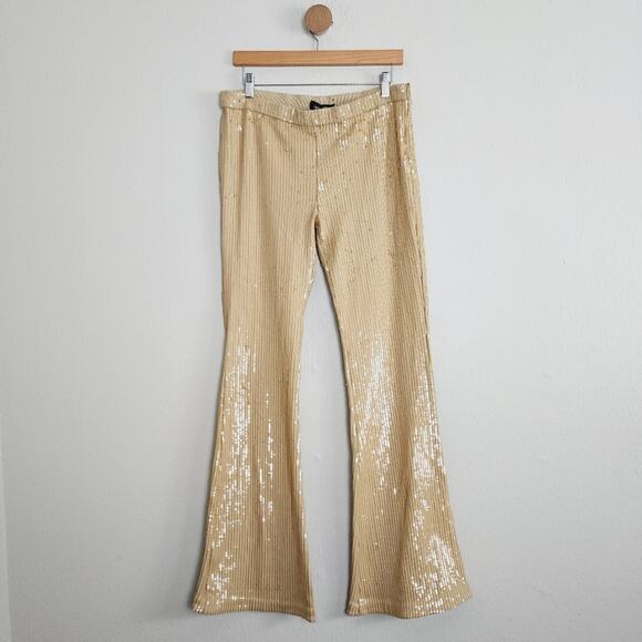 Retrofête Julien Sequin Knit Flare Pants Nude Tan High Rise L NWT Party - Picture 1 of 15